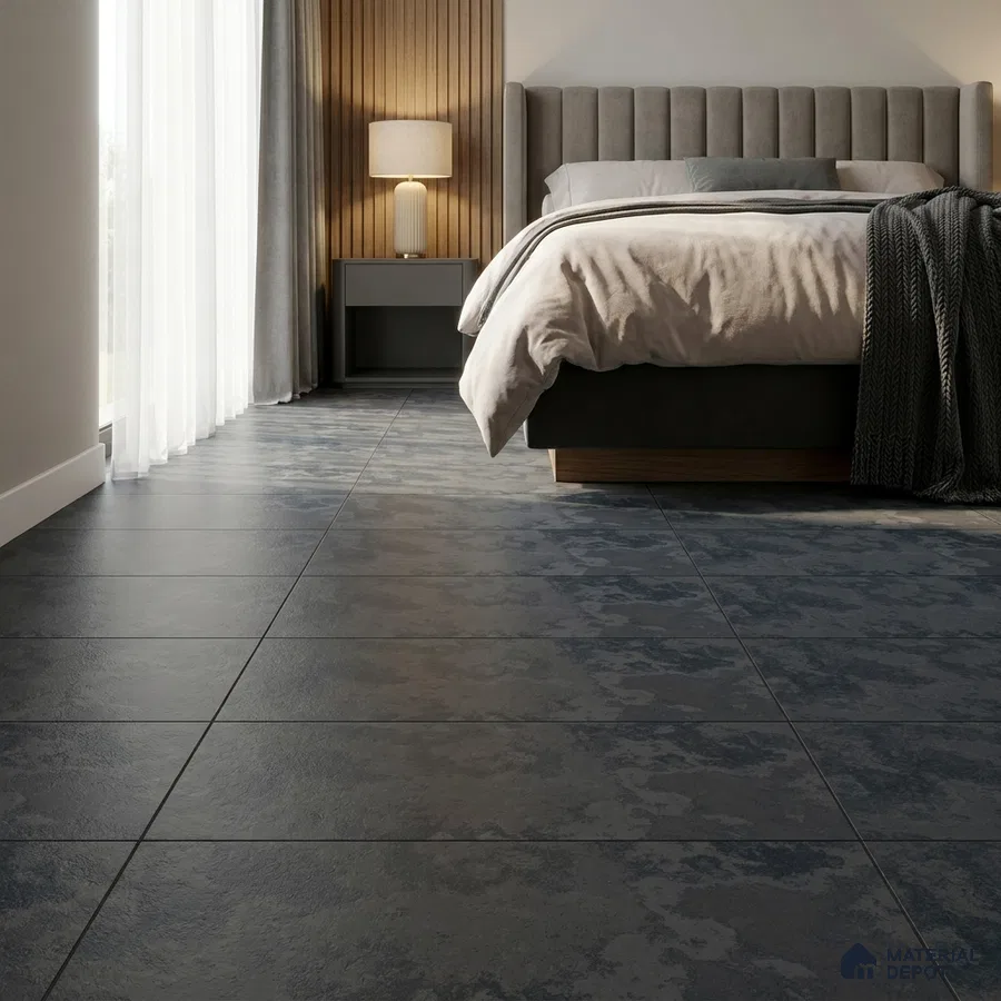Modern Bedroom with Charcoal Blue Concrete-Look Floor Tile
