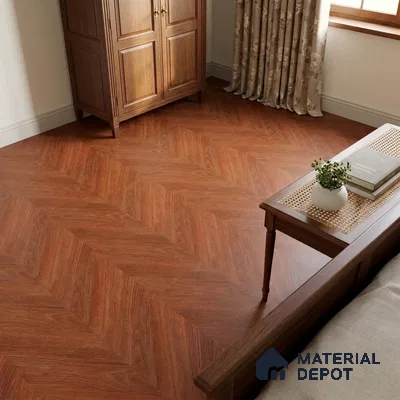 Traditional Bedroom with Teak Wood-Look Chevron Floor Tile