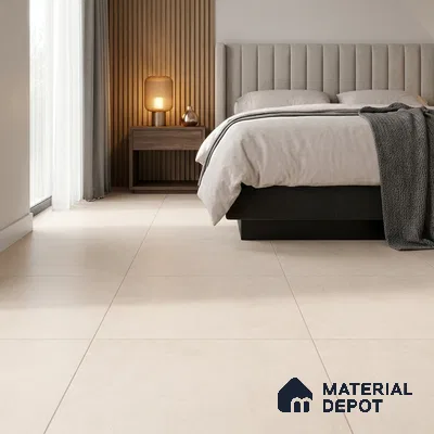 Modern Bedroom with Cream Stone-Look Vitrified Floor Tile