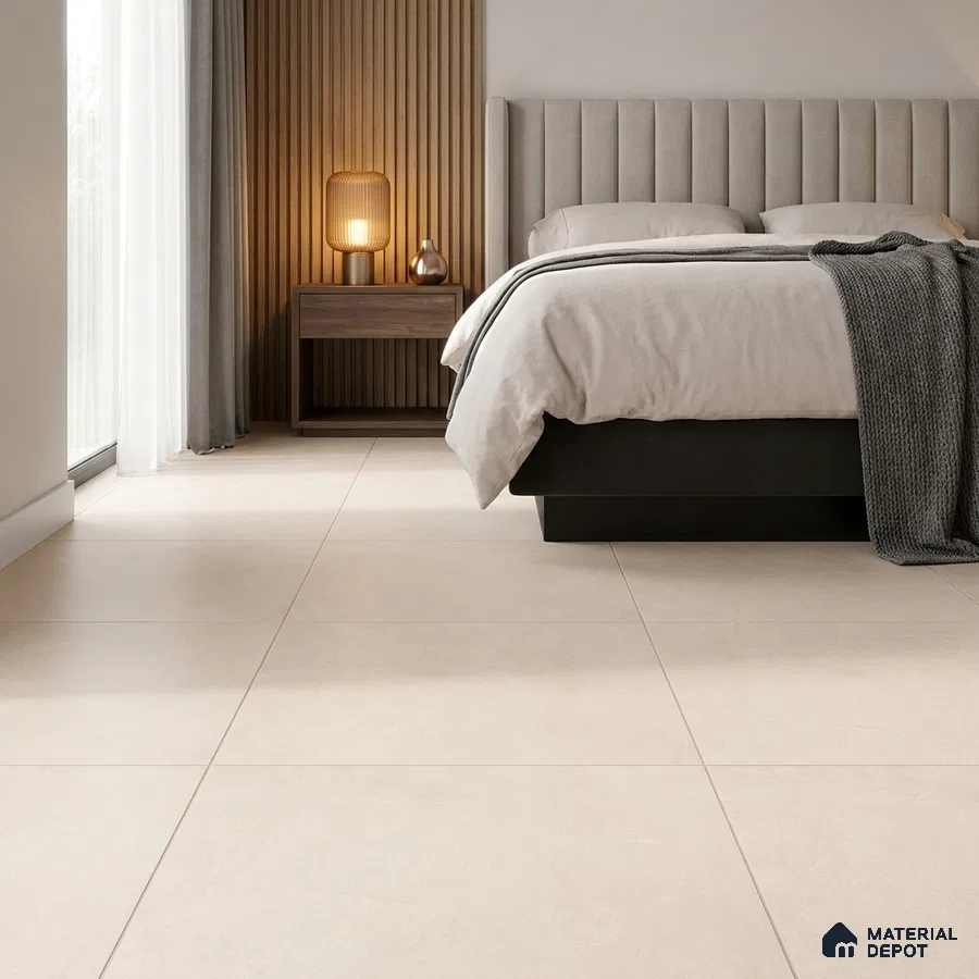 Modern Bedroom with Cream Stone-Look Vitrified Floor Tile