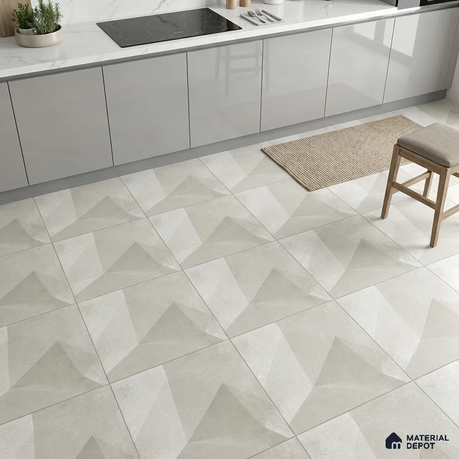Modern kitchen with glossy grey laminate cabinets, white marble countertop, and geometric patterned beige floor tiles