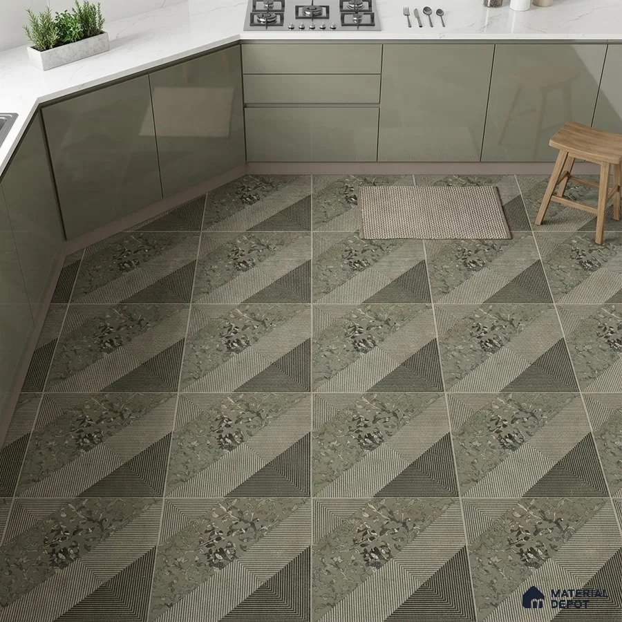 Modern kitchen with sage green glossy laminate cabinets, white quartz countertop, and geometric patterned floor tiles