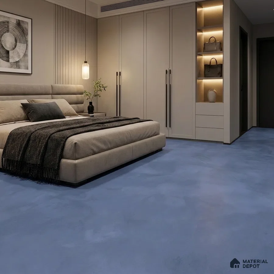 Modern Bedroom with Slate Blue Concrete-Look Vitrified Floor Tile