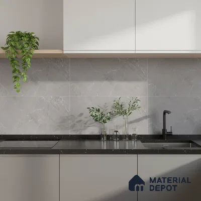 Minimalist kitchen with grey marble-look backsplash tile, matte black quartz countertop, and frosty white laminate cabinets