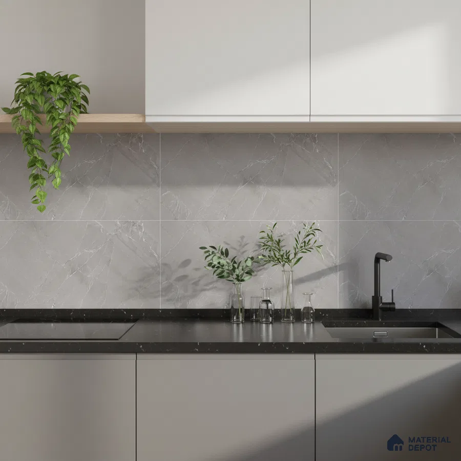 Minimalist kitchen with grey marble-look backsplash tile, matte black quartz countertop, and frosty white laminate cabinets