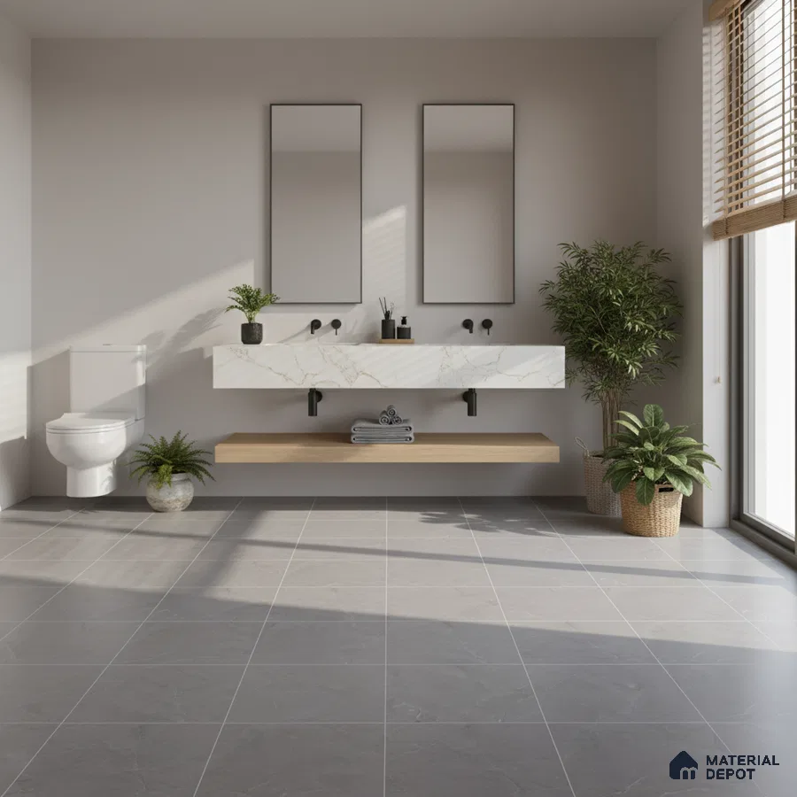 Minimalist bathroom with grey floor tiles and white marble-look floating vanity