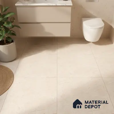 Minimalist bathroom with beige marble-look floor tiles and floating white vanity