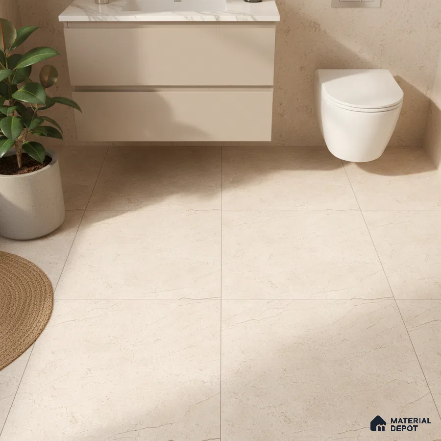 Minimalist bathroom with beige marble-look floor tiles and floating white vanity