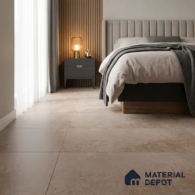 Modern Bedroom with Beige Travertine-Look Floor Tile