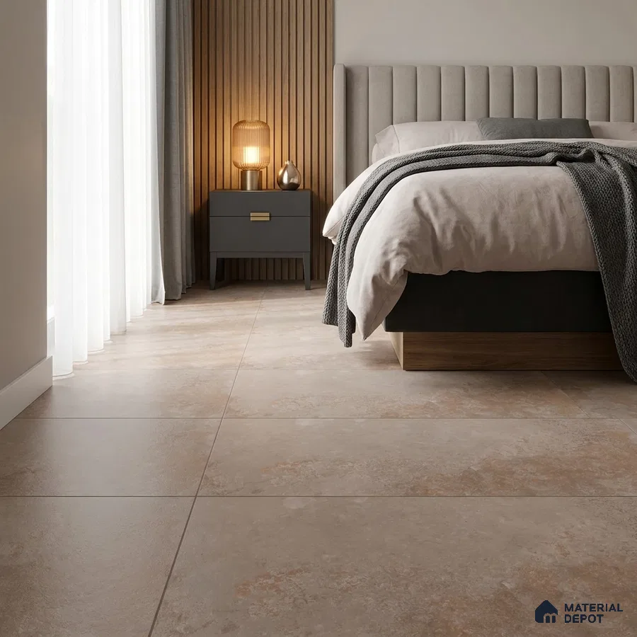 Modern Bedroom with Beige Travertine-Look Floor Tile
