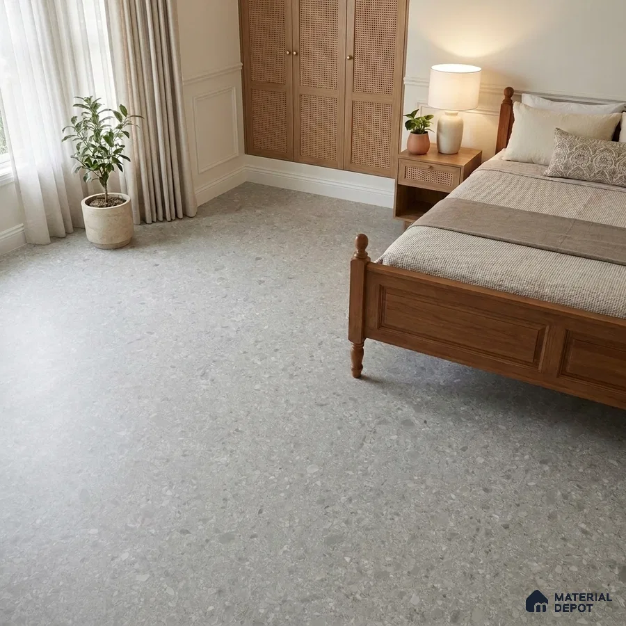 Scandinavian Bedroom with Light Grey Terrazzo-Look Floor Tile