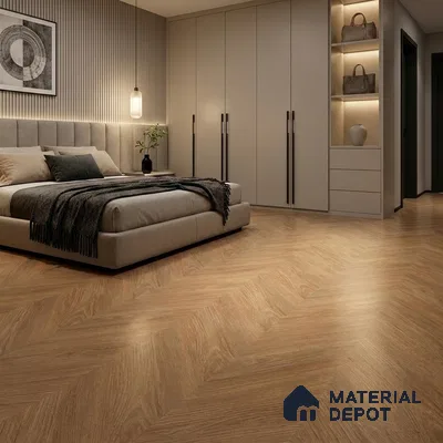 Modern Bedroom with Warm Oak Wood-Look Herringbone Floor Tile