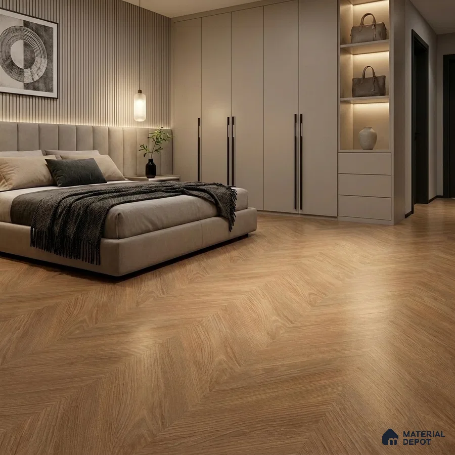 Modern Bedroom with Warm Oak Wood-Look Herringbone Floor Tile