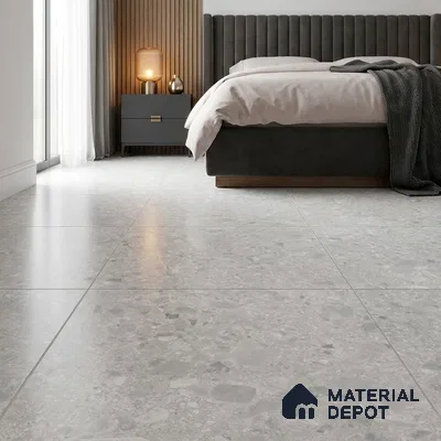 Modern Bedroom with Grey Terrazzo-Look Floor Tile