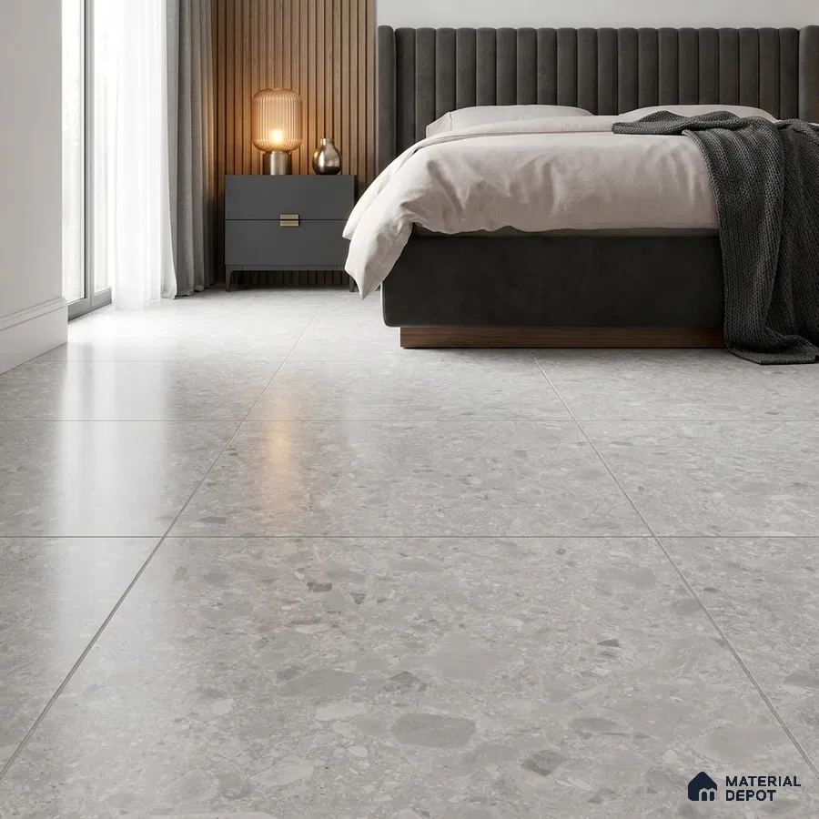Modern Bedroom with Grey Terrazzo-Look Floor Tile