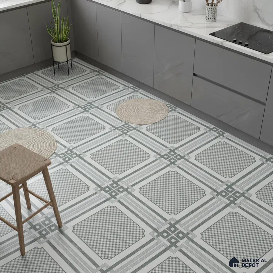 Modern kitchen with grey matte laminate cabinets, white marble-look backsplash, and geometric patterned floor tiles