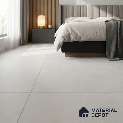 Modern Bedroom with Light Greige Concrete-Look Floor Tile