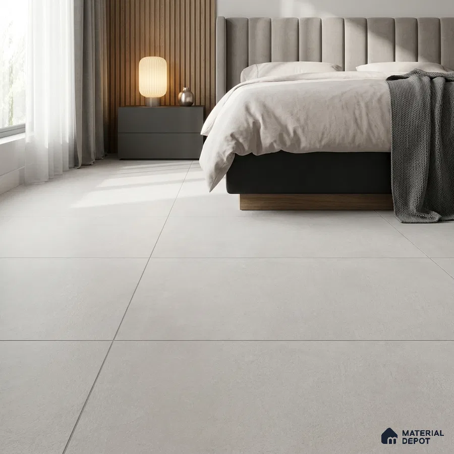 Modern Bedroom with Light Greige Concrete-Look Floor Tile