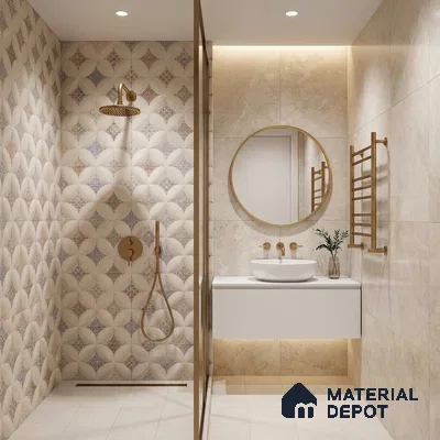 Modern bathroom with beige marble-look wall tiles and geometric patterned accent shower wall