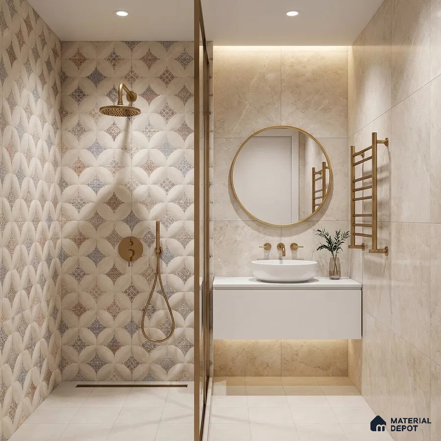 Modern bathroom with beige marble-look wall tiles and geometric patterned accent shower wall