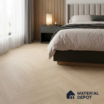 Scandinavian Bedroom with Blonde Wood-Look Chevron Floor Tile