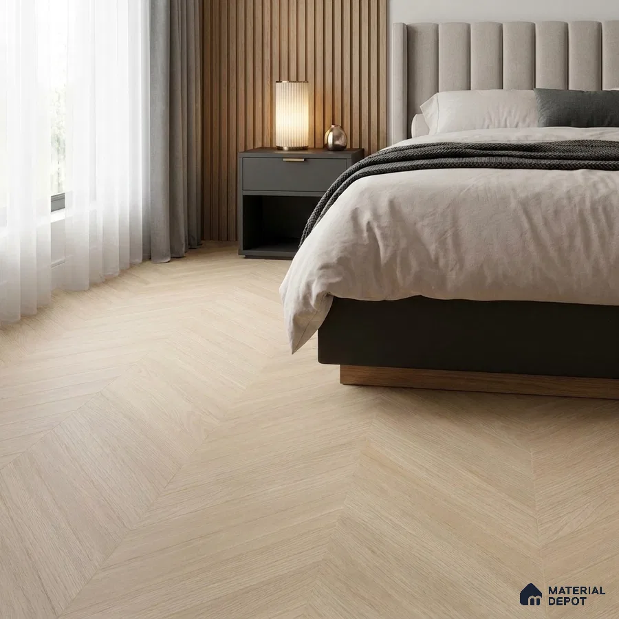Scandinavian Bedroom with Blonde Wood-Look Chevron Floor Tile