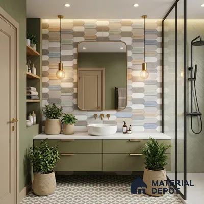 Modern bathroom with olive green vanity, popsicle pastel wall tiles, and geometric patterned floor tiles