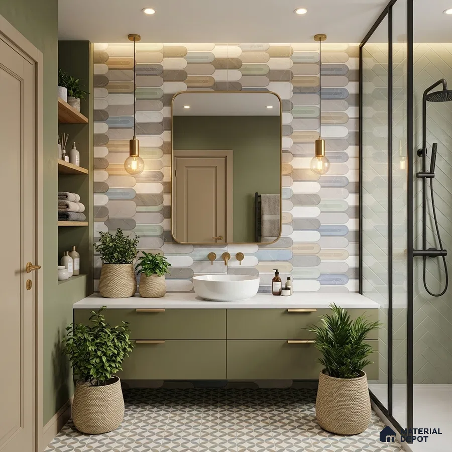 Modern bathroom with olive green vanity, popsicle pastel wall tiles, and geometric patterned floor tiles