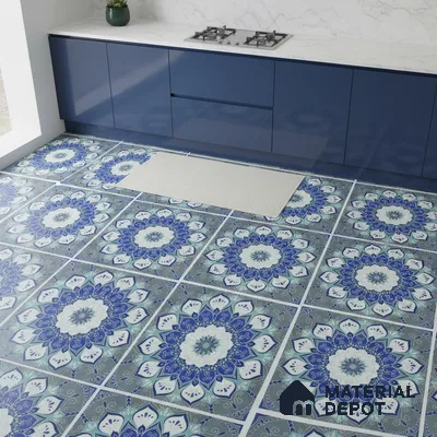 Modern kitchen with blue laminate cabinets, white marble countertop, and blue geometric patterned floor tiles