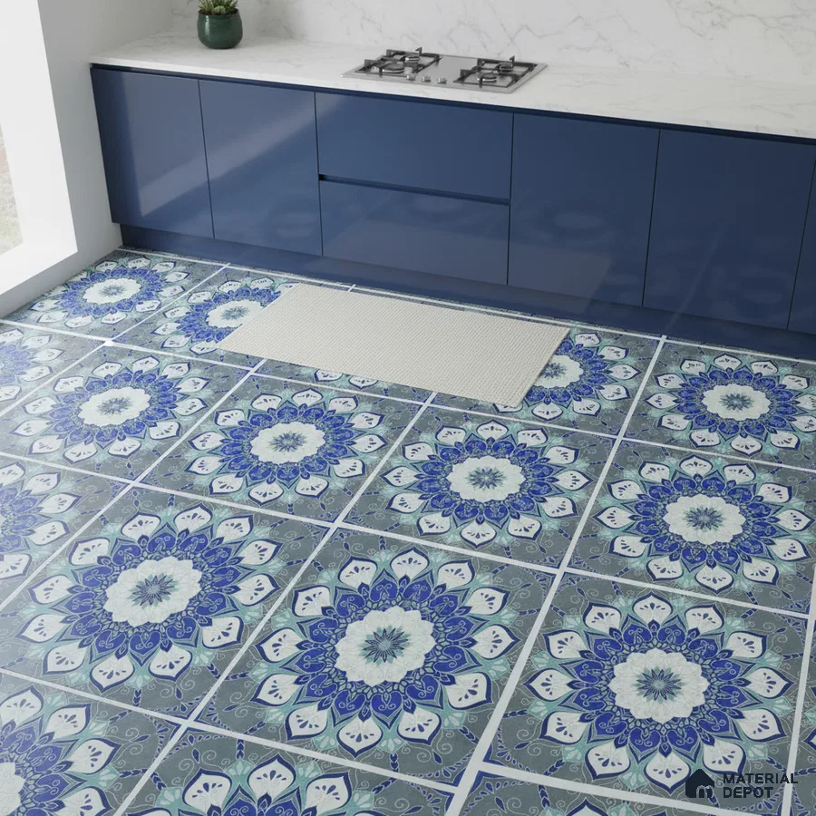 Modern kitchen with blue laminate cabinets, white marble countertop, and blue geometric patterned floor tiles