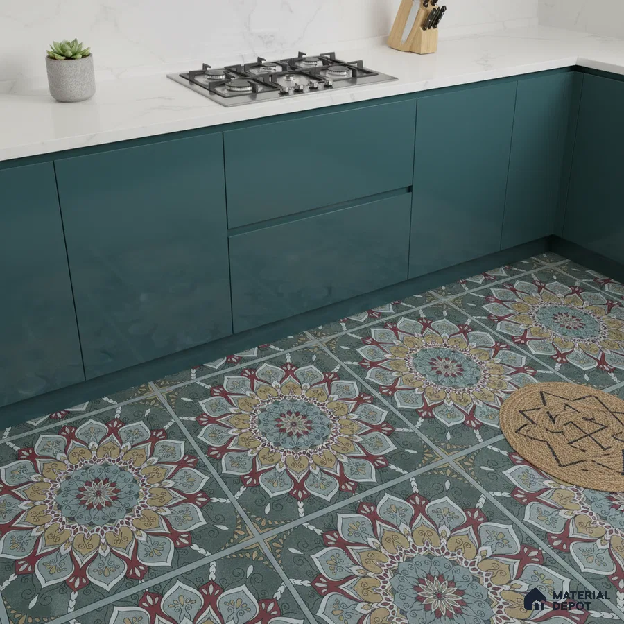Modern kitchen with teal high gloss laminate cabinets, white marble-look quartz countertop, and multicolor moroccan patterned floor tiles
