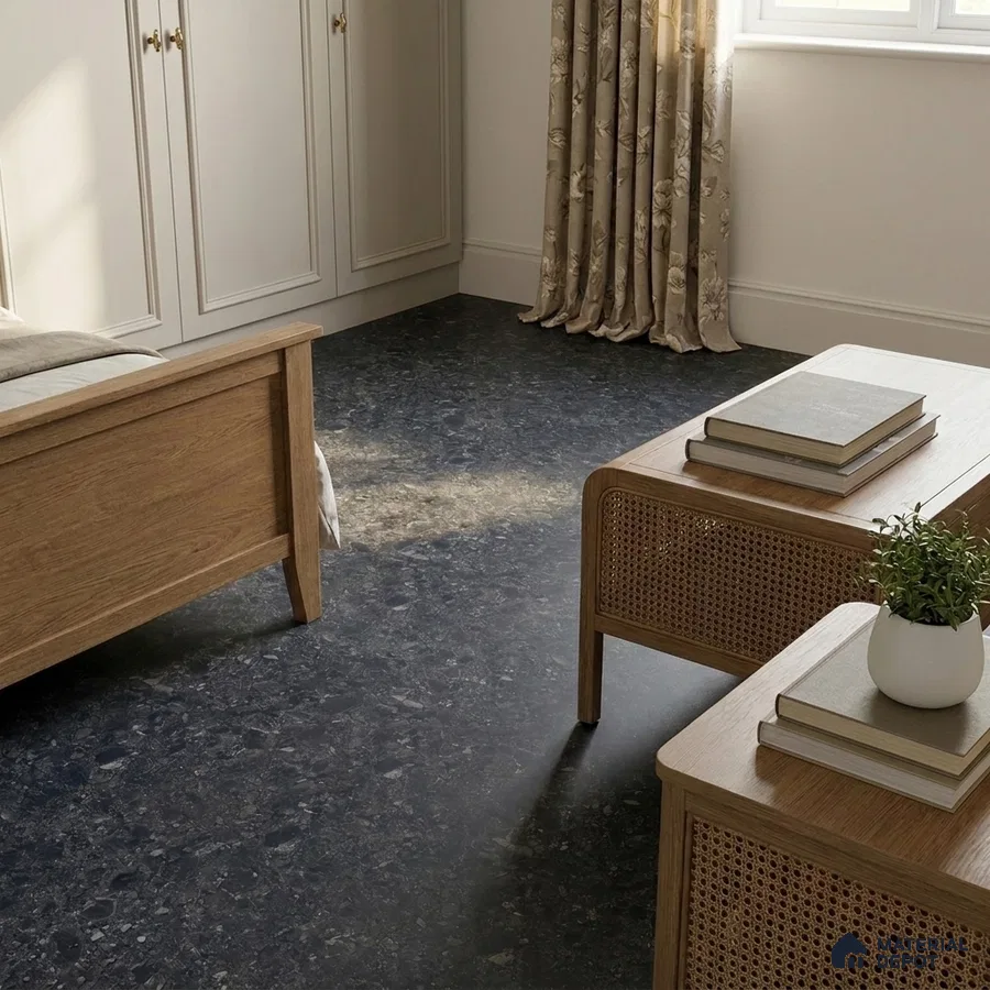 Traditional Bedroom with Dark Blue Granite-Look Floor Tile