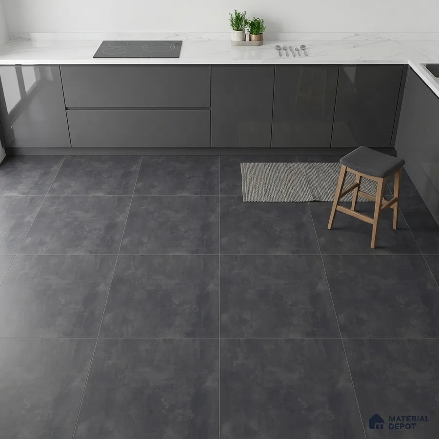 Modern kitchen with glossy graphite grey laminate cabinets, white marble-look countertop, and matte charcoal grey floor tiles