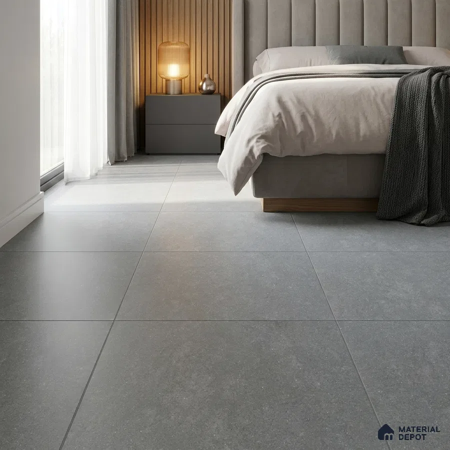 Modern Bedroom with Medium Grey Stone-Look Floor Tile