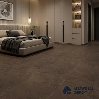 Modern Bedroom with Dark Brown Stone-Look Floor Tile
