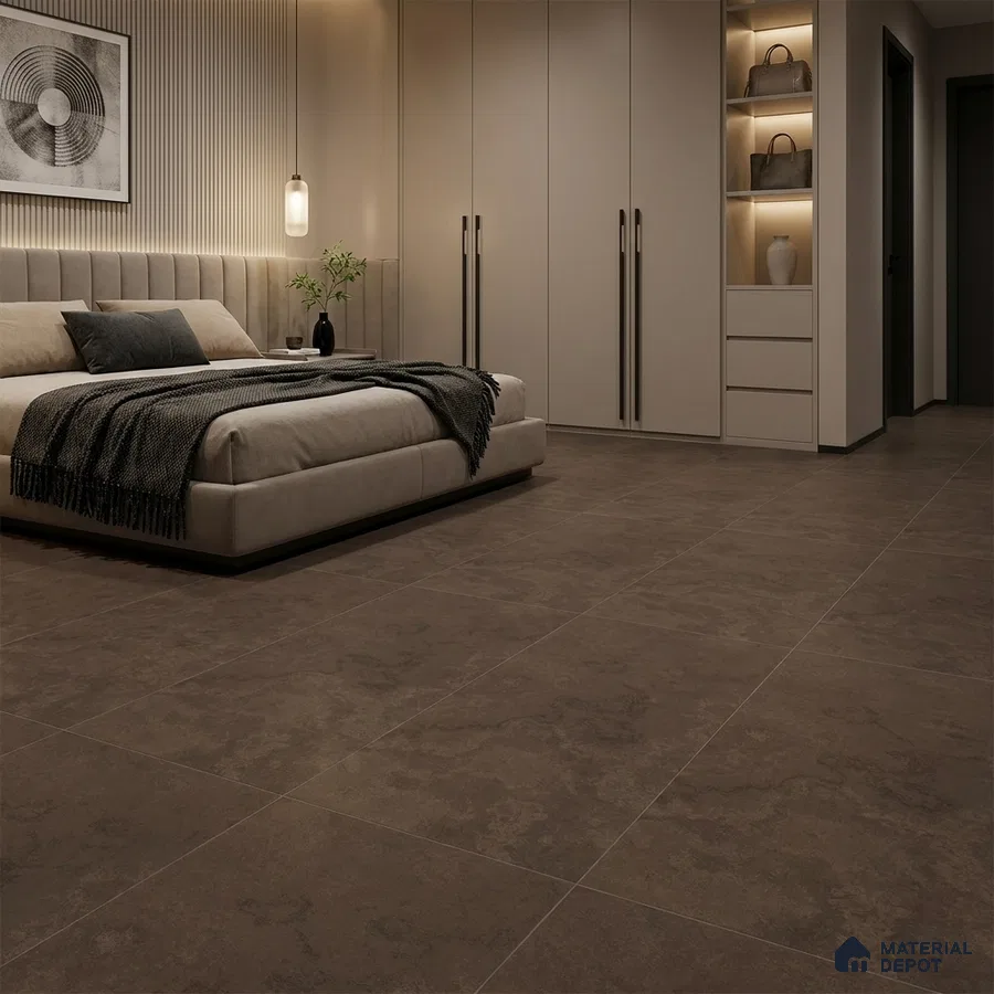 Modern Bedroom with Dark Brown Stone-Look Floor Tile