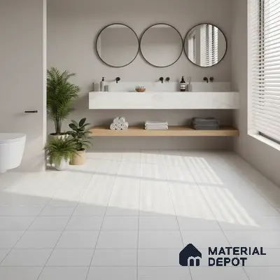 Minimalist bathroom with white marble vanity, light grey floor tiles, and wood shelf