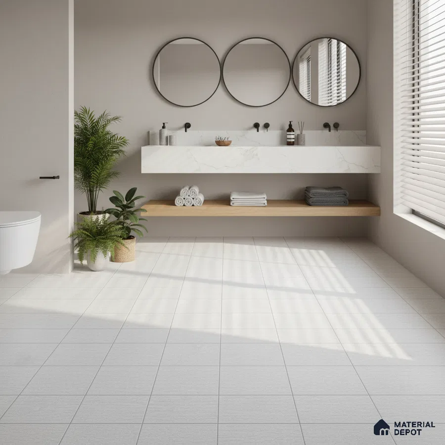 Minimalist bathroom with white marble vanity, light grey floor tiles, and wood shelf