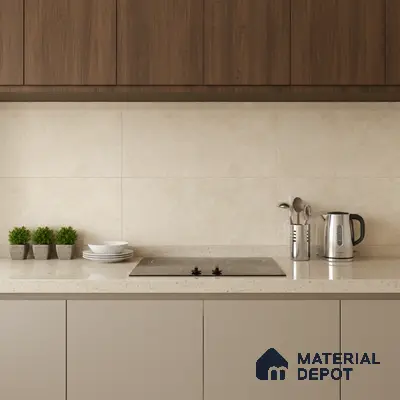 Modern kitchen with walnut brown laminate, beige solid color laminate, and cream stone backsplash tile