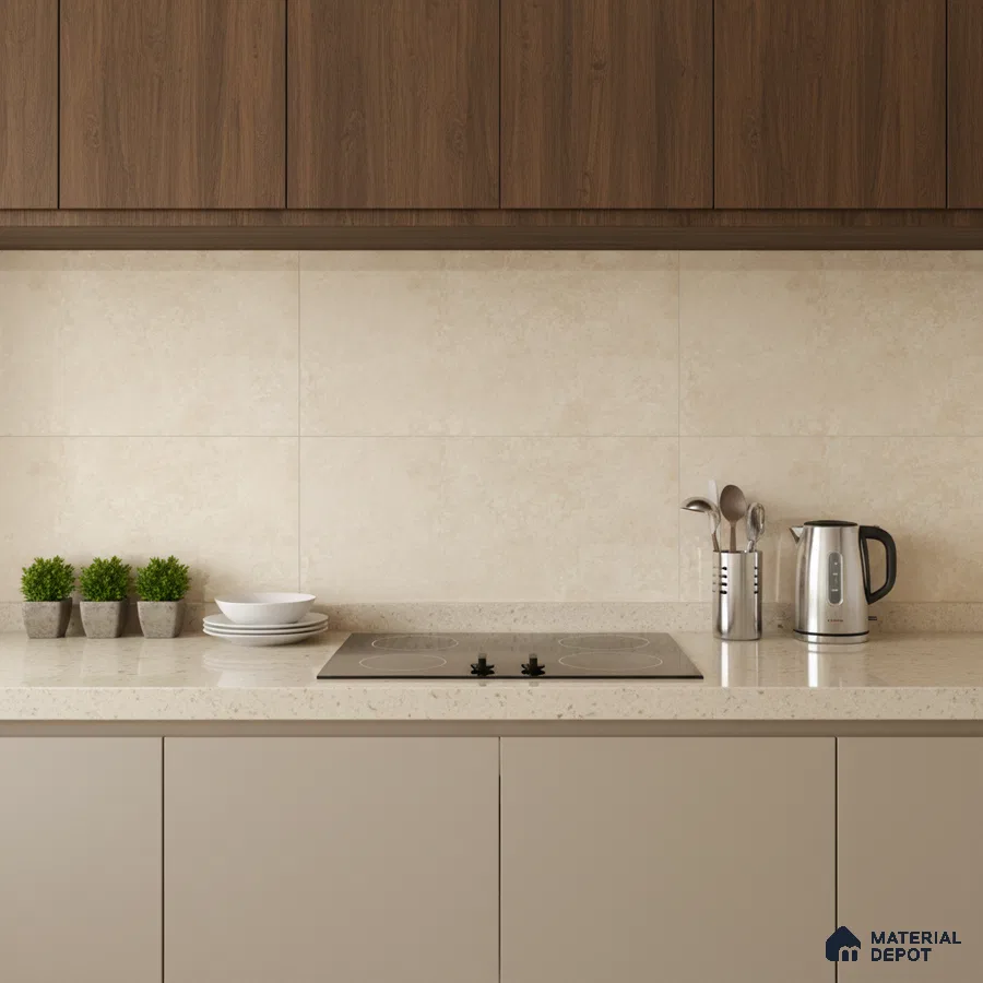 Modern kitchen with walnut brown laminate, beige solid color laminate, and cream stone backsplash tile