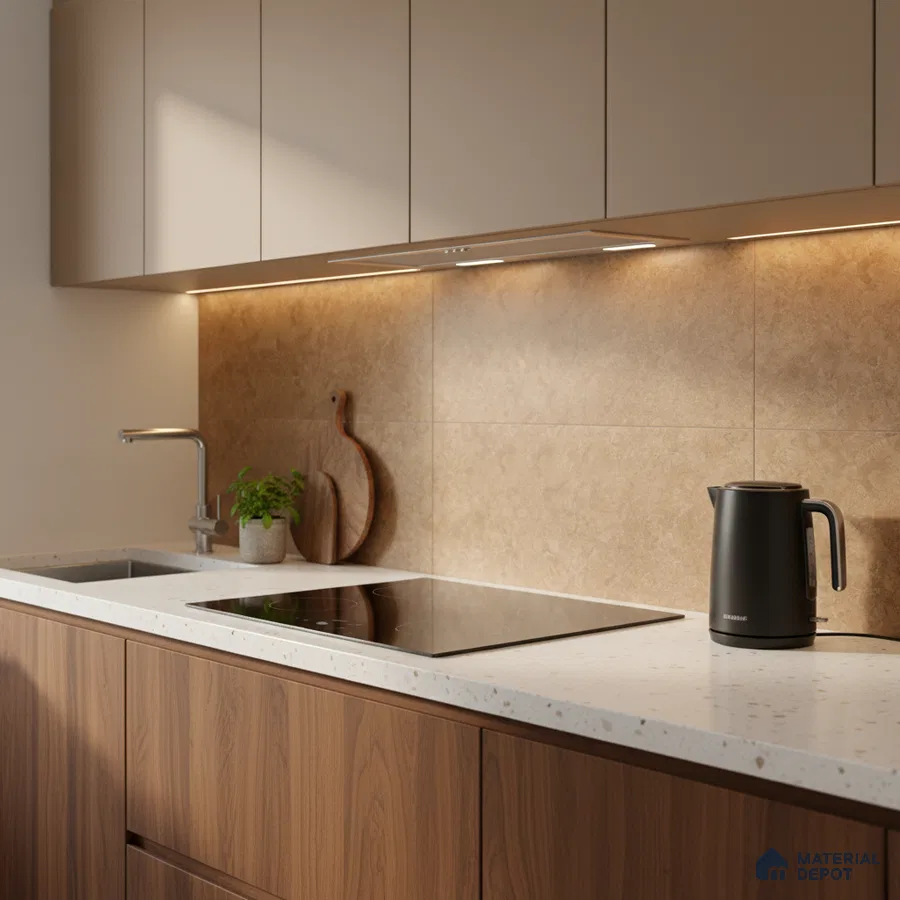 Modern kitchen with walnut wood laminate, beige stone backsplash tile, and white quartz countertop