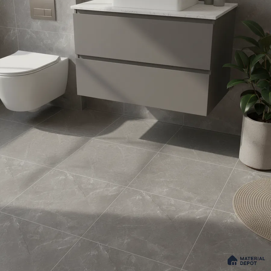 Minimalist bathroom with grey marble-look tiles and matte grey floating vanity