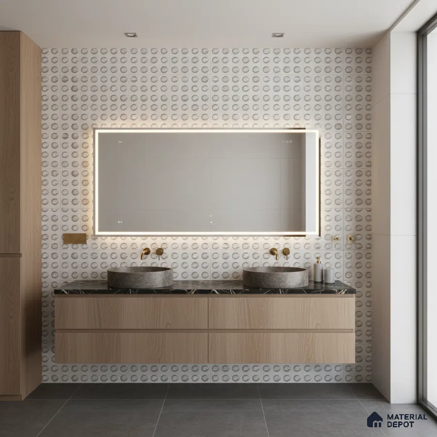 Scandinavian bathroom with light oak laminate vanity, grey stone countertop basins, and geometric patterned wall tiles
