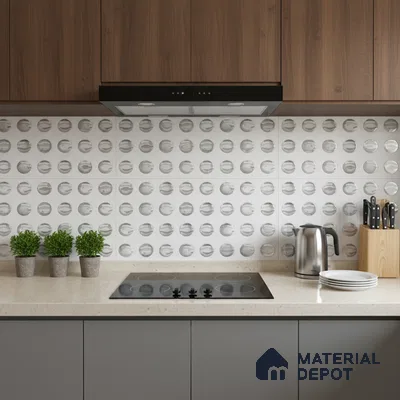 Modern kitchen with walnut laminate cabinets, grey base cabinets, and geometric dot patterned backsplash tiles