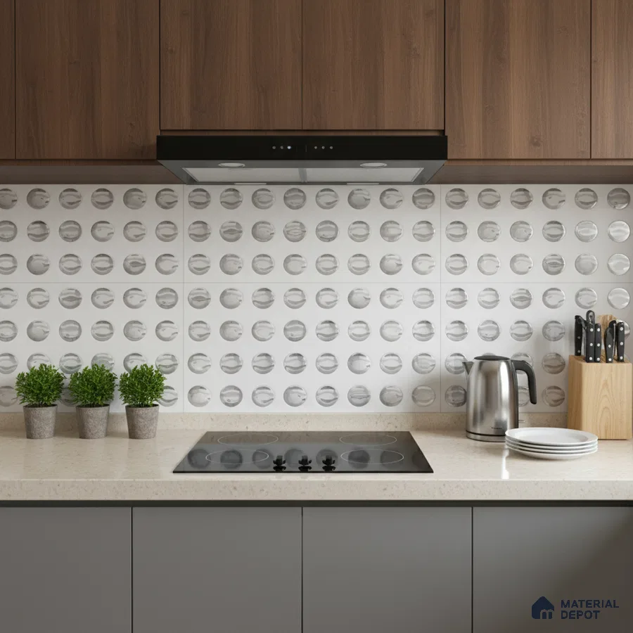 Modern kitchen with walnut laminate cabinets, grey base cabinets, and geometric dot patterned backsplash tiles