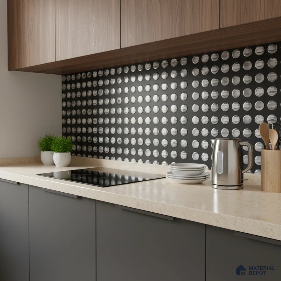 Modern kitchen with beige quartz countertop, walnut laminate cabinets, and black geometric dot backsplash tile