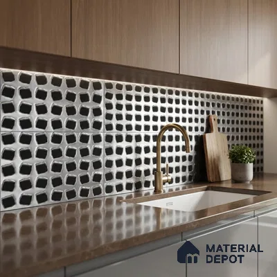 Modern kitchen with geometric black-and-white backsplash tile and walnut laminate cabinets