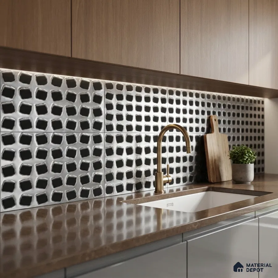 Modern kitchen with geometric black-and-white backsplash tile and walnut laminate cabinets