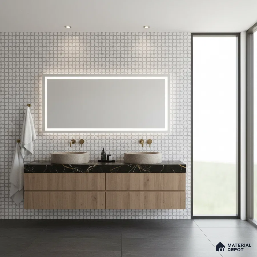 Minimalist bathroom with geometric white wall tiles, black quartz countertop, and light oak floating vanity