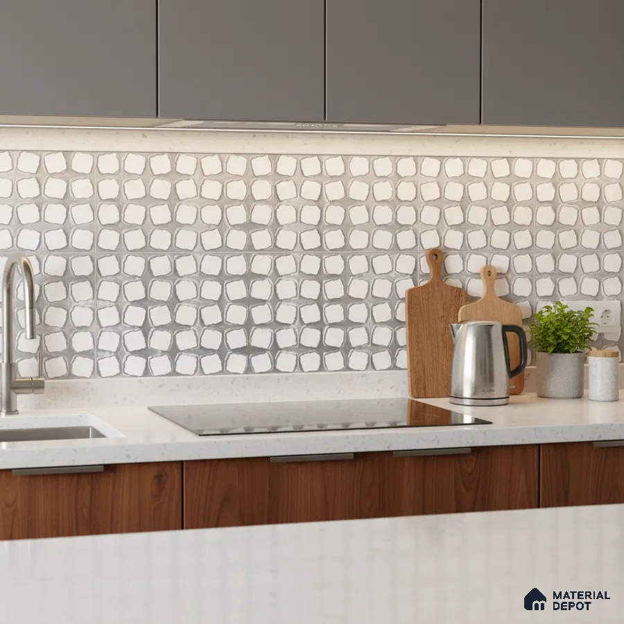 Modern kitchen with geometric white backsplash tile, walnut wood laminate, and white quartz countertop
